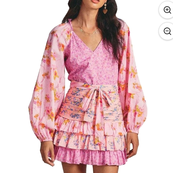For Love Bell Dresses & Skirts - For Love Bell Floral Ruffle Mini Dress Medium NWT Pink Boho Layered V-Neck